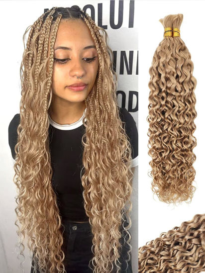 Picture of Blonde Braiding Hair Water Wave 100g 14 Inch Honey Blonde Deep Wave 2 Bundles Bulk Human Hair for Braiding Highlight Curly Hair Extensions for Boho Braids Wet and Wavy Color 27 Human Braiding Hair