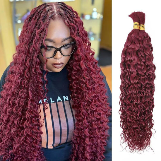 Picture of Burgundy Braiding Hair Water Wave 100g 14 Inch 99J Deep Wave Bundles Bulk Human Hair for Braiding Brazilian Virgin Curly Human Hair Extensions for Boho Braids Wet and Wavy Win Red Human Braiding Hair