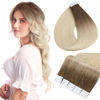 Picture of Full Shine Balayage Tape Hair Extensions Real Human Hair 16 Inch Tape in Extensions Straight Hair Ombre Color 3 Dark Brown and 8 Fading to 613 Bleach Blonde 50 Gram Double Side Tape Hair 20 Pcs