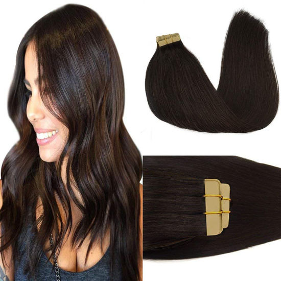 Picture of GOO GOO Tape in Hair Extensions Human Hair, 2 Dark Brown, 14inch 50g 20pcs, Thick Ends Straight Seamless Tape in, Invisible Tape in Hair Extensions Human Hair