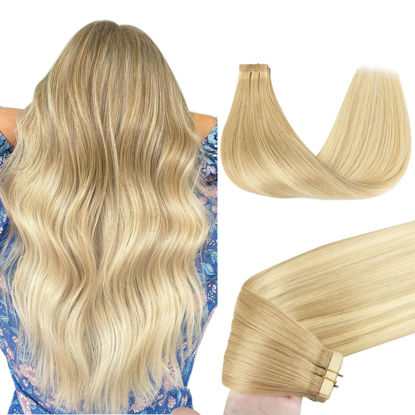 Picture of GOO GOO Tape in Hair Extensions Human Hair, 18AT60A Pearl Ash Blonde Highlights, 14inch 50g 20pcs, Thick Ends Straight Seamless Tape in, Invisible Tape in Hair Extensions Human Hair