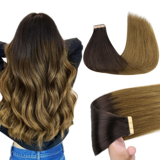 Picture of GOO GOO Tape in Hair Extensions Human Hair, 1D/2C/4E Chocolate Dip Color Melt, 14inch 50g 20pcs, Thick Ends Straight Seamless Tape in, Invisible Tape in Hair Extensions Human Hair