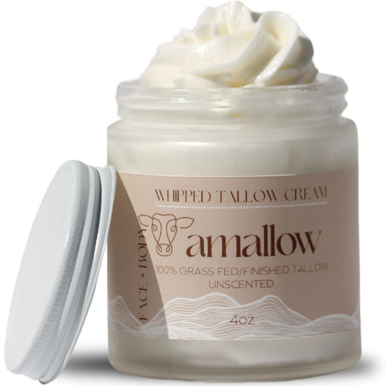 Picture of Amallow 100% Grass Fed Beef Tallow for Skin Care - Face + Body - Whipped Moisturizer for Sensitive Skin - 100% Natural Lotion, 4 FL. oz. (Unscented)