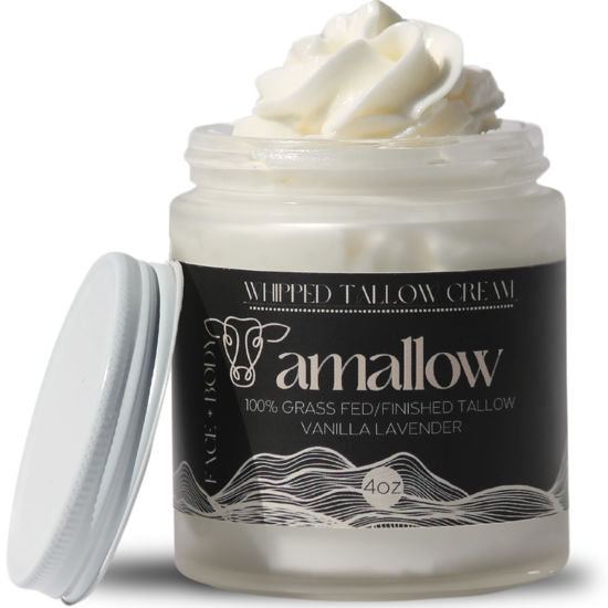 Picture of Amallow 100% Grass Fed Beef Tallow for Skin Care - Face + Body - Whipped Moisturizer - 100% Natural Lotion, 4 FL. oz. (Vanilla Lavender)