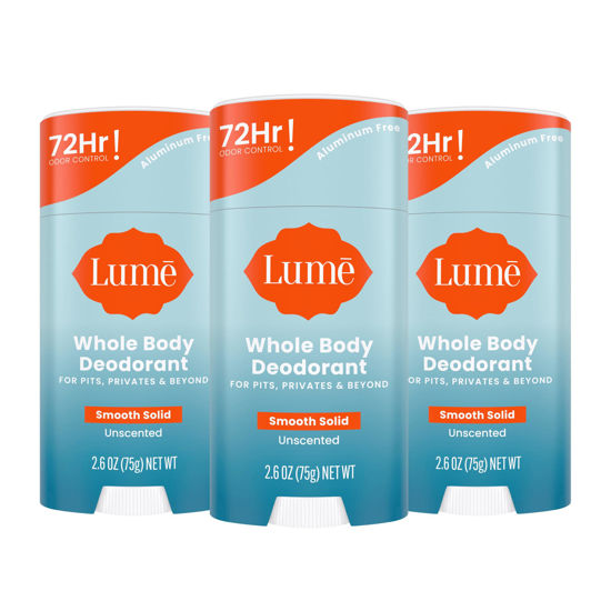 Picture of Lume Whole Body Deodorant - Smooth Solid Stick - 72 Hour Odor Control - Aluminum Free, Baking Soda Free and Skin Loving - 2.6 Ounce (Pack of 3) (Unscented)