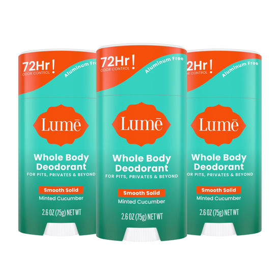 Picture of Lume Whole Body Deodorant - Smooth Solid Stick - 72 Hour Odor Control - Aluminum Free, Baking Soda Free and Skin Loving - 2.6 Ounce (Pack of 3) (Minted Cucumber)