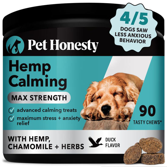 Picture of Pet Honesty Hemp Calming Chews for Dogs Max Strength- Dog Anxiety Relief, Dog Calming Treats with Hemp + Valerian Root, Melatonin for Dogs - Helps Aid with Thunder, Fireworks, Chewing & Barking (Duck)