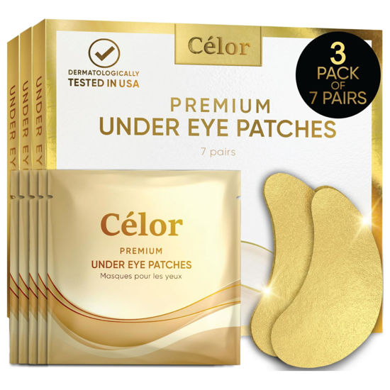 Picture of CÉLOR Under Eye Patches Premium - Golden Under Eye Mask Enriched with Hyaluronic Acid, Caffeine, Tea Tree & Collagen, Under Eye Patches for Puffy Eyes, Dark Circles and Puffiness (21 Pairs)