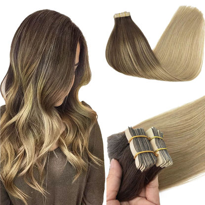 Picture of GOO GOO Tape in Hair Extensions Human Hair, 4/18 Balayage Chocolate Brown Highlighted Dirty Blonde, 14inch 50g 20pcs, Thick Ends Straight Seamless, Invisible Tape in Hair Extensions Human Hair