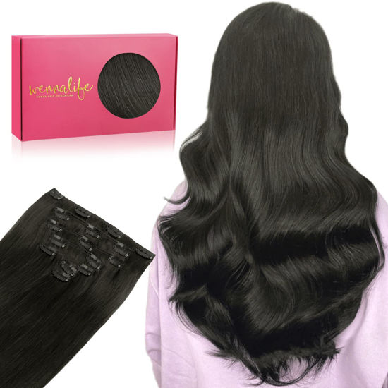 Picture of WENNALIFE Clip in Hair Extensions, 70g 20 Inch Natural Black Hair Extensions Real Human Hair Short Remy Clip in Hair Extensions Virgin Human Hair Double Weft for Women