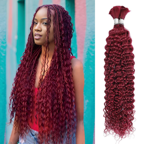 Picture of Human Braiding Hair 100g 16 Inch Deep Water Wave Bulk Human Hair for Braiding No Weft 10A Brazilian Virgin Curly Human Hair Extensions for Boho Braids Wet and Wavy 99J Red Burgundy Braiding Hair