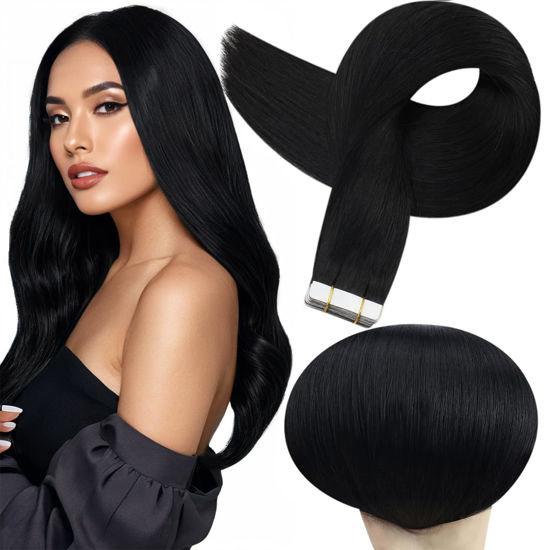 Picture of Full Shine Tape in Hair Extensions Real Human Hair 16Inch Remy Tape in Human Hair for Women Jet Black Color 1 Seamless Tape in Extensions Invisible Human Hair Extensions Tape in 50G 20Pcs Straight