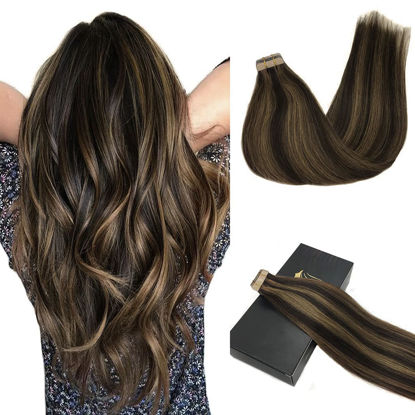 Picture of GOO GOO Tape in Hair Extensions Human Hair, 2/6 Dark Brown Highlighted Chestnut Brown, 14inch 50g 20pcs, Thick Ends Straight Seamless Tape in, Invisible Tape in Hair Extensions Human Hair