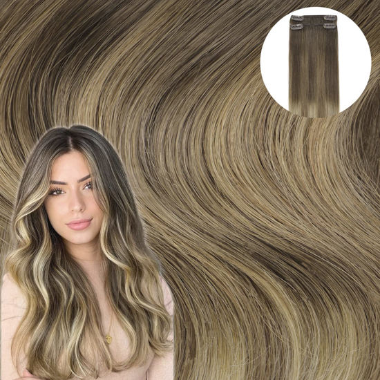 Picture of WENNALIFE Clip in Hair Extensions Real Human Hair Refill, 30g 22 inch 2pcs Ombre Walnut Brown to Ash Brown and Bleach Blonde Hair Extensions Clip in Human Hair for Hair Loss and Thinning Hair Straight