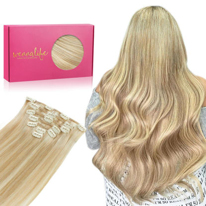 Picture of WENNALIFE Clip in Hair Extensions, 70g 15 Inch Dirty Blonde Mixed Bleach Blonde Hair Extensions Real Human Hair Short Remy Clip in Hair Extensions Virgin Human Hair Double Weft for Women