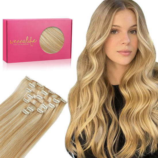 Picture of WENNALIFE Clip in Hair Extensions, 70g 15 Inch Caramel Blonde Mixed Bleach Blonde Hair Extensions Real Human Hair Short Remy Clip in Hair Extensions Virgin Human Hair Double Weft for Women