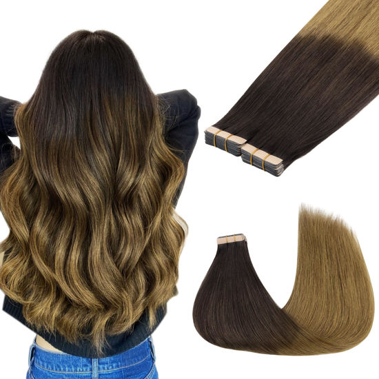 Picture of GOO GOO Tape in Hair Extensions Human Hair, 1D/2C/4E Chocolate Dip Color Melt, 10inch 60g 40pcs, Thick Ends Straight Seamless Tape in, Invisible Tape in Hair Extensions Human Hair