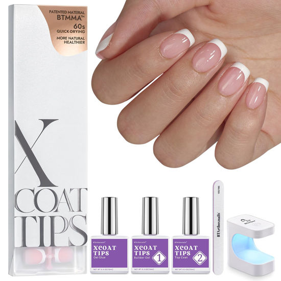 Picture of btartboxnails XCOATTIPS French Nails - Extra Short Square Nail Tips with Nail Gel, French Protecing Duo, Nail Lamp, All in One Soft Gel French Tip Press on Nails Gel Extension