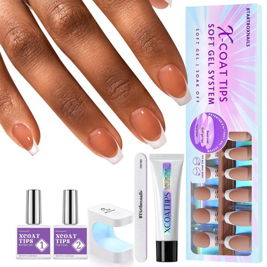 Picture of BTArtboxnails French Gel Nail Kit - French Tip Press on Nails Brown Short Coffin XCOATTIPS Pre-applied Tip Primer & Base Coat Fake Nails for Nail Art DIY