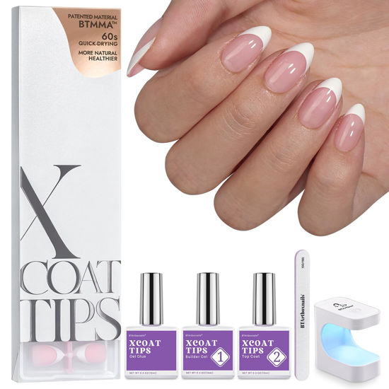 Picture of btartboxnails XCOATTIPS French Nail Tips - Short Almond Nail Tips with Nail Gel, French Protecing Duo, Nail Lamp, All in One Soft Gel French Tip Press on Nails Gel Extension