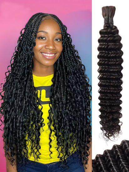 Picture of Human Braiding Hair 100g 20 Inch Deep Water Wave Bulk Human Hair for Braiding No Weft 10A Brazilian Virgin Curly Human Hair Extensions for Boho Braids Wet and Wavy Natural Human Hair Braiding Hair