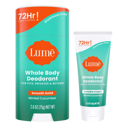 Picture of Lume Whole Body Deodorant - Invisible Cream Tube Mini and Solid Stick - 72 Hour Odor Control - Aluminum Free, Baking Soda Free, Skin Safe - 0.5 Oz Mini Tube + 2.6 Oz Solid Stick (Minted Cucumber)