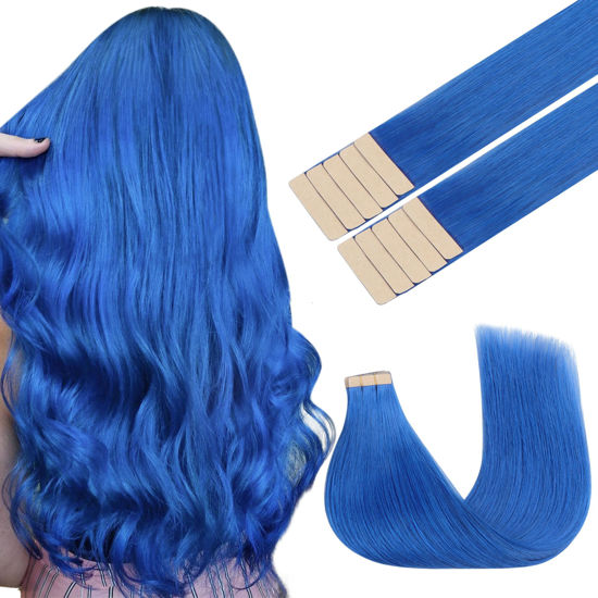 Picture of GOO GOO Tape in Hair Extensions Human Hair, Blue, 20inch 30g 10pcs, Colored Tape ins Human Hair Extensions, Silky&Soft Invisible Tape Ins, Hair Highlighted for Party