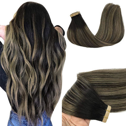 Picture of GOO GOO Tape in Hair Extensions Human Hair, 1B/16/1B Balayage Natural Black to Light Blonde, 14inch 50g 20pcs, Thick Ends Straight Seamless Tape in, Invisible Tape in Hair Extensions Human Hair