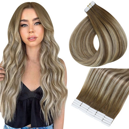 Picture of Full Shine Blonde Tape in Hair Extensions 16 Inch Tape in Extensions Real Human Hair Color 6 Fading to 6 Brown and 60 Platinum Blonde 50 Gram 20 Pcs Tape in Remy Hair Straight Tape Extensions