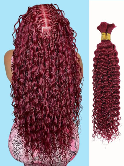 Picture of Burgundy Braiding Hair 100g 18 Inch Deep Water Wave 2 Bundle Bulk Human Hair for Braiding 10A Brazilian Virgin Auburn Curly Human Hair Extensions for Boho Braids Wet and Wavy 99J Red Braiding Hair