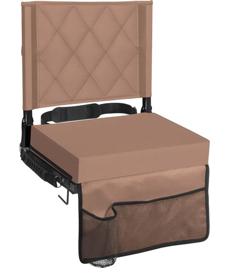 Picture of Sheenive Stadium Seats with Back Support, Portable, Lightweight, Foldable, 17.1 x 13.5 Inches, Khaki, Foam Cushion, Rubber