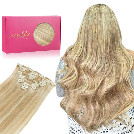 Picture of WENNALIFE Clip in Hair Extensions, 70g 18 Inch Dirty Blonde Mixed Bleach Blonde Hair Extensions Real Human Hair Short Remy Clip in Hair Extensions Virgin Human Hair Double Weft for Women