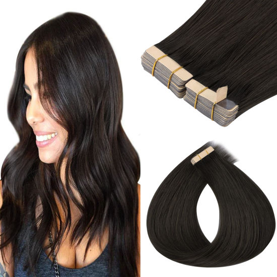 Picture of GOO GOO Tape in Hair Extensions Human Hair, 2 Dark Brown, 10inch 60g 40pcs, Thick Ends Straight Seamless Tape in, Invisible Tape in Hair Extensions Human Hair