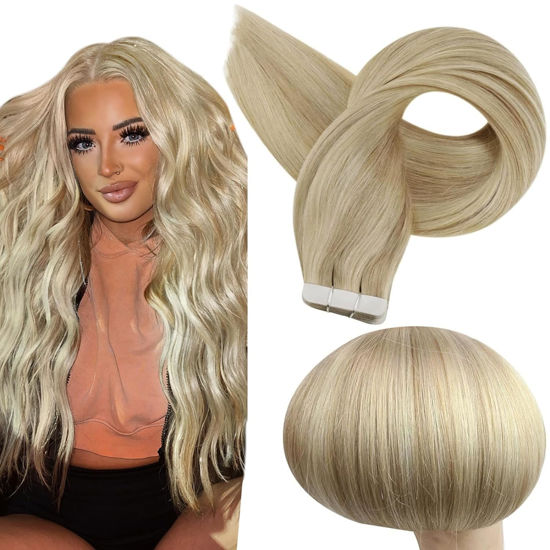 Picture of Full Shine Tape in Hair Extensions Human Hair 16Inch Blonde Human Hair Extensions Highlight Golden and Medium Blonde Invisible Tape in Extensions 50Gram 20Pieces Glue in Real Hair Extensions