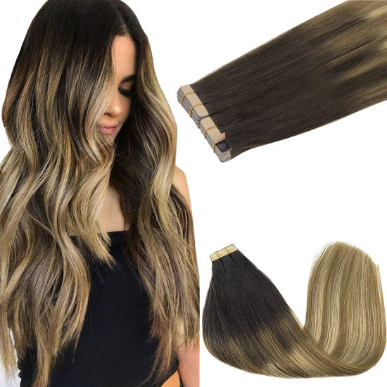 Picture of GOO GOO Tape in Hair Extensions Human Hair, 2/6/18 Balayage Brown to Dirty Blonde, 10inch 60g 40pcs, Thick Ends Straight Seamless Tape in, Invisible Tape in Hair Extensions Human Hair