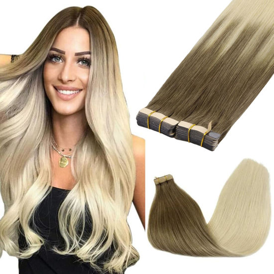 Picture of GOO GOO Tape in Hair Extensions Human Hair, 9/60 Balayage Ash Brown to Platinum Blonde,10inch 60g 40pcs, Thick Ends Straight Seamless Tape in, Invisible Tape in Hair Extensions Human Hair