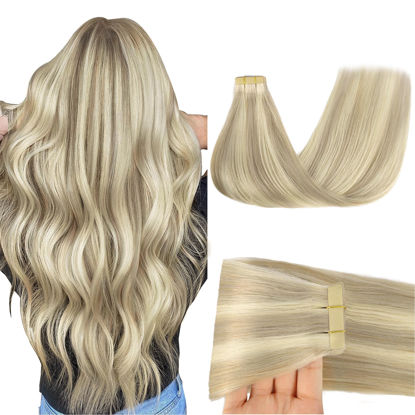 Picture of GOO GOO Tape in Hair Extensions Human Hair, 17A/60A Ash Blonde Highlighted Platinum Blonde, 14inch 50g 20pcs, Thick Ends Straight Seamless Tape in, Invisible Tape in Hair Extensions Human Hair