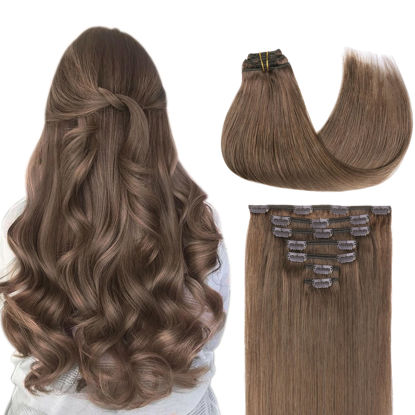 Picture of GOO GOO Clip in Hair Extensions Real Human Hair, Remy Human Hair Extensions Clip ins for Women, Natural Human Hair, 14inch 120g 7Pcs, 5 Light Ash Brown