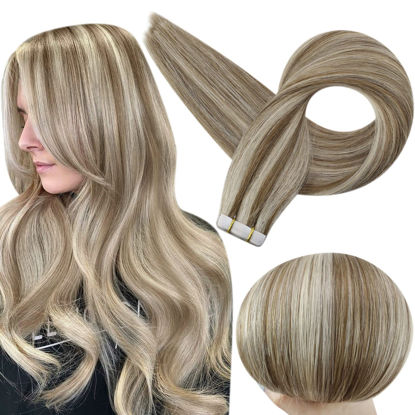 Picture of Full Shine Tape in Extensions Invisible Skin Weft Straight Hair Remy Human Hair Extensions Tape ins 50 Gram 18 Inch 8 Ash Brown Highlighted 60 White Blonde Seamless Hair Extensions Real Human Hair