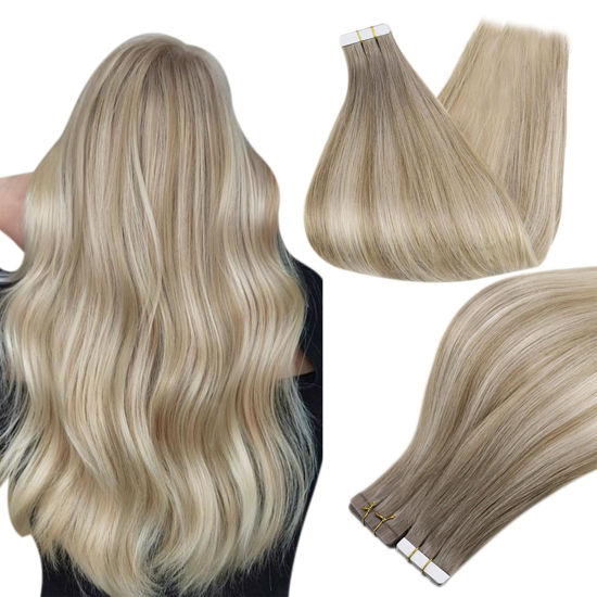 Picture of Full Shine Tape in Hair Extensions 18Inch Tape in Extensions Real Human Hair Color 19/8/60 Seamless Skin Weft Remy Tape in Human Hair for Women Grey And Blonde 50G Double Sided Hair Extensions 20Pcs