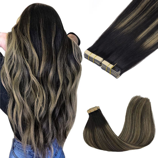 Picture of GOO GOO Tape in Hair Extensions Human Hair, 1B/16/1B Balayage Natural Black to Light Blonde, 10inch 60g 40pcs, Thick Ends Straight Seamless Tape in, Invisible Tape in Hair Extensions Human Hair