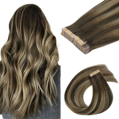 Picture of GOO GOO Tape in Hair Extensions Human Hair, 4/26/4 Balayage Chocolate Brown to Honey Blonde, 10inch 60g 40pcs, Thick Ends Straight Seamless Tape in, Invisible Tape in Hair Extensions Human Hair