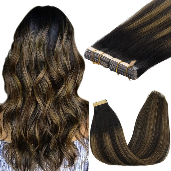 Picture of GOO GOO Tape in Hair Extensions Human Hair, 1B/6/1B Balayage Natural Black to Chestnut Brown, 10inch 60g 40pcs, Thick Ends Straight Seamless Tape in, Invisible Tape in Hair Extensions Human Hair