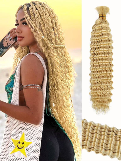 Picture of 613 Blonde Braiding Hair 100g 16 Inch Deep Water Wave Bulk Human Hair for Braiding No Weft Bundle Brazilian Virgin Curly Human Hair Extensions for Boho Braids Wet and Wavy Human Braiding Hair