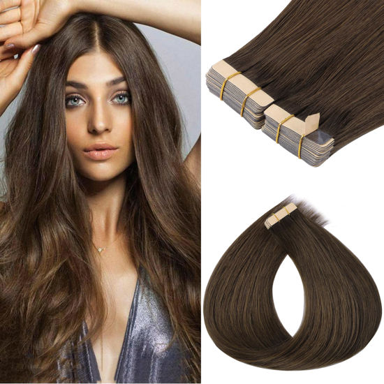 Picture of GOO GOO Tape in Hair Extensions Human Hair, 4A Chocolate Brown, 10inch 60g 40pcs, Thick Ends Straight Seamless Tape in, Invisible Tape in Hair Extensions Human Hair