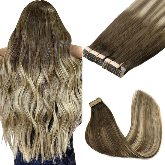 Picture of GOO GOO Tape in Hair Extensions Human Hair, 3/8/613 Balayage Walnut Brown to Ash Brown and Bleach Blonde, 10inch 60g 40pcs, Thick Ends Straight Seamless, Invisible Tape in Hair Extensions Human Hair