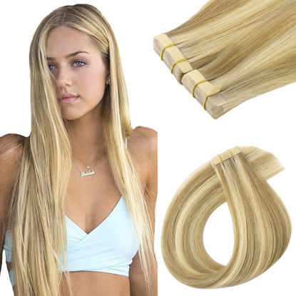 Picture of GOO GOO Tape in Hair Extensions Human Hair, 16/22 Light Blonde Highlighted Golden Blonde, 10inch 60g 40pcs, Thick Ends Straight Seamless Tape in, Invisible Tape in Hair Extensions Human Hair