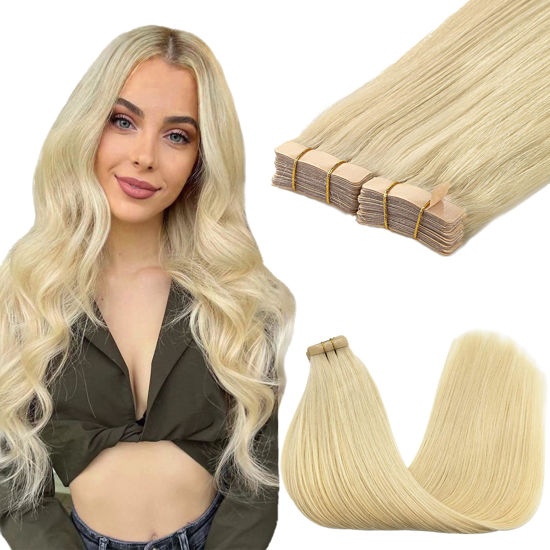 Picture of GOO GOO Tape in Hair Extensions Human Hair, 613R Bleach Blonde, 10inch 60g 40pcs, Thick Ends Straight Seamless Tape in, Invisible Tape in Hair Extensions Human Hair