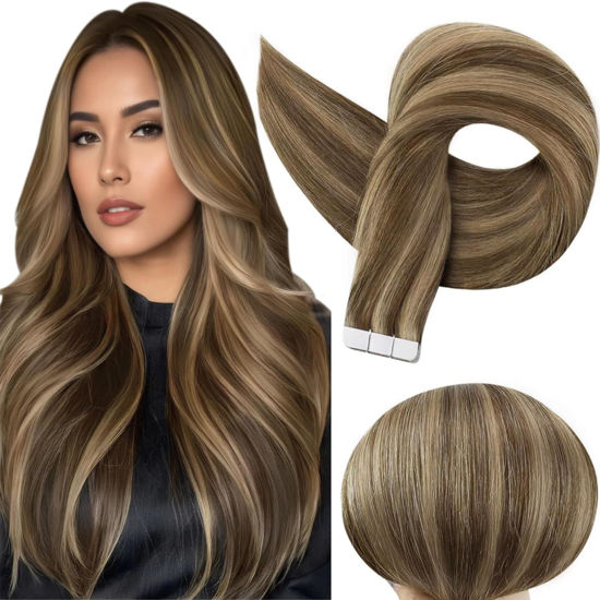 Picture of Full Shine Tape in Extensions Human Hair Tape in Real Hair Extensions 50 Gram 20 Pcs Glue in Hair Extensions 20 Inch Color 4 Medium Brown Highlight 27 Honey Blonde Seamless Hair Extensions