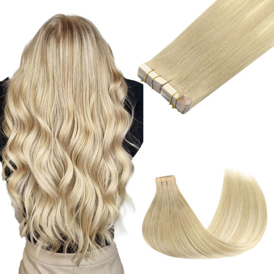 Picture of GOO GOO Tape in Hair Extensions Human Hair, 18ET90A Natural Blonde Balayage, 12inch 80g 40pcs, Thick Ends Straight Seamless Tape in, Invisible Tape in Hair Extensions Human Hair